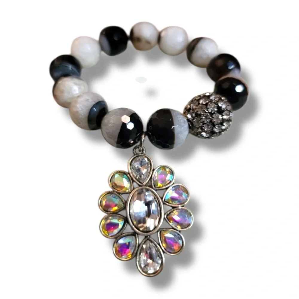 Beaded Bracelet with Dazzling Crystal Pendant - Black & White Handmade